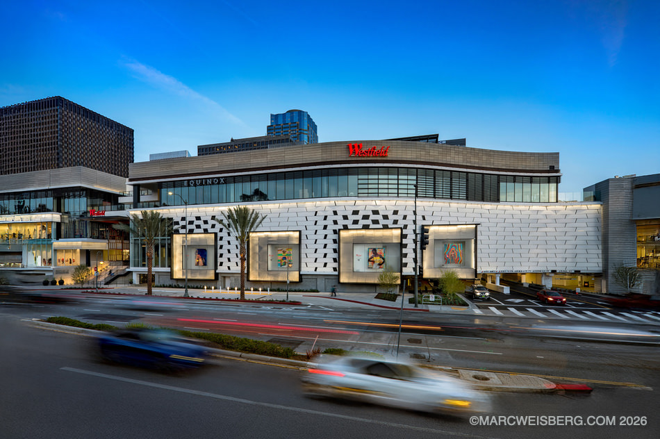 Westfield Century City shopping center at twilight on opening night, Los Angeles