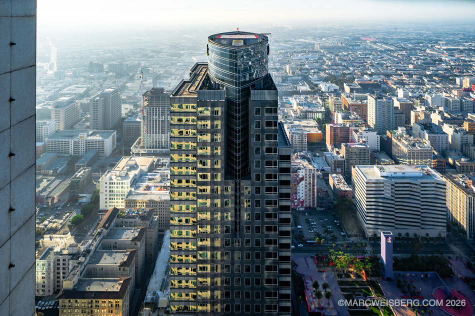 Aerial photograph of a high rise tower in downtown Los Angeles