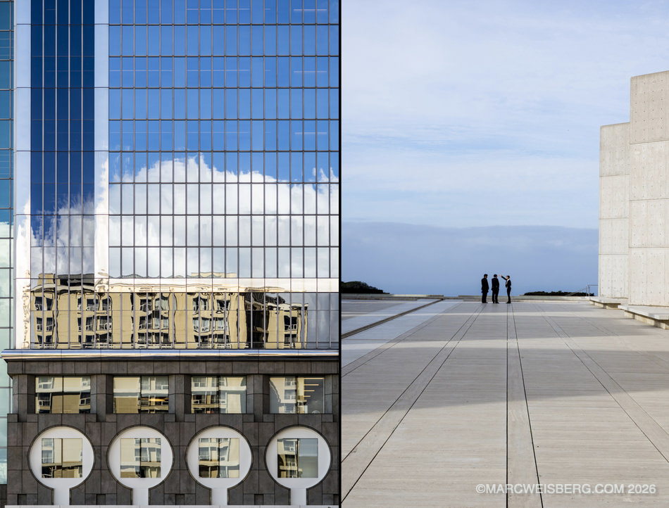 Diptych of a glass building reflection in downtown Los Angeles and the Salk Institute in La Jolla