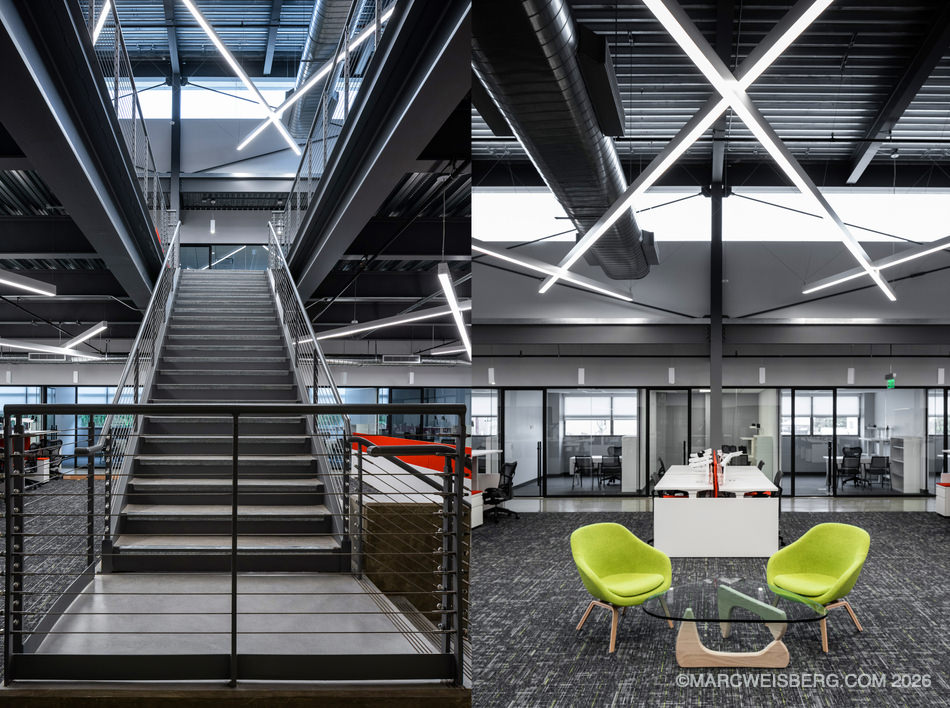 Two interior views of a modern industrial style commercial rebuild in Los Angeles