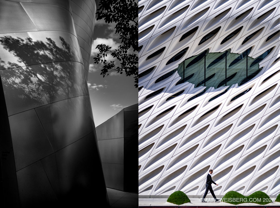 Diptych of Walt Disney Concert Hall and The Broad museum in downtown Los Angeles