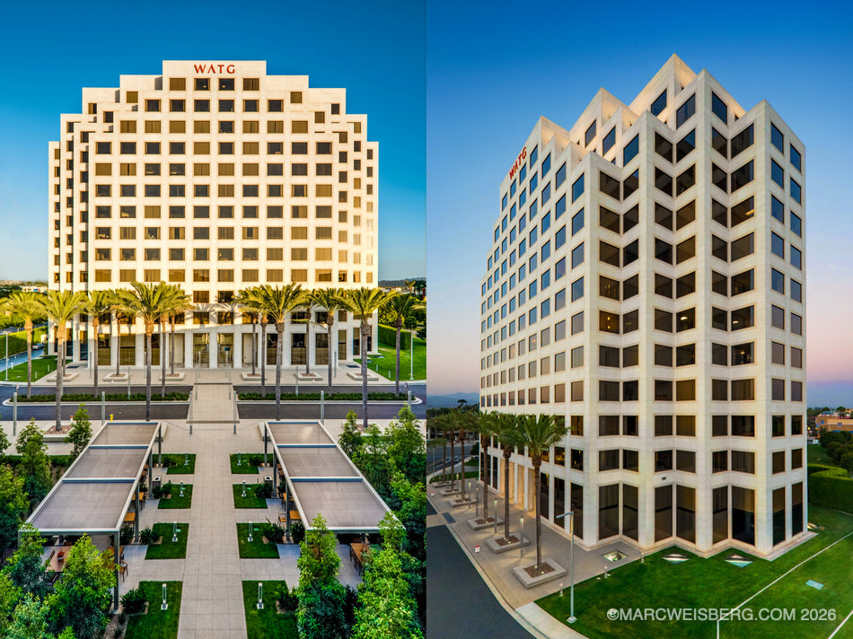 Buildings owned and managed by The Irvine Company at twilight
