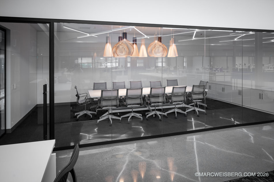 Glass walled conference room at a technology company office in Los Angeles