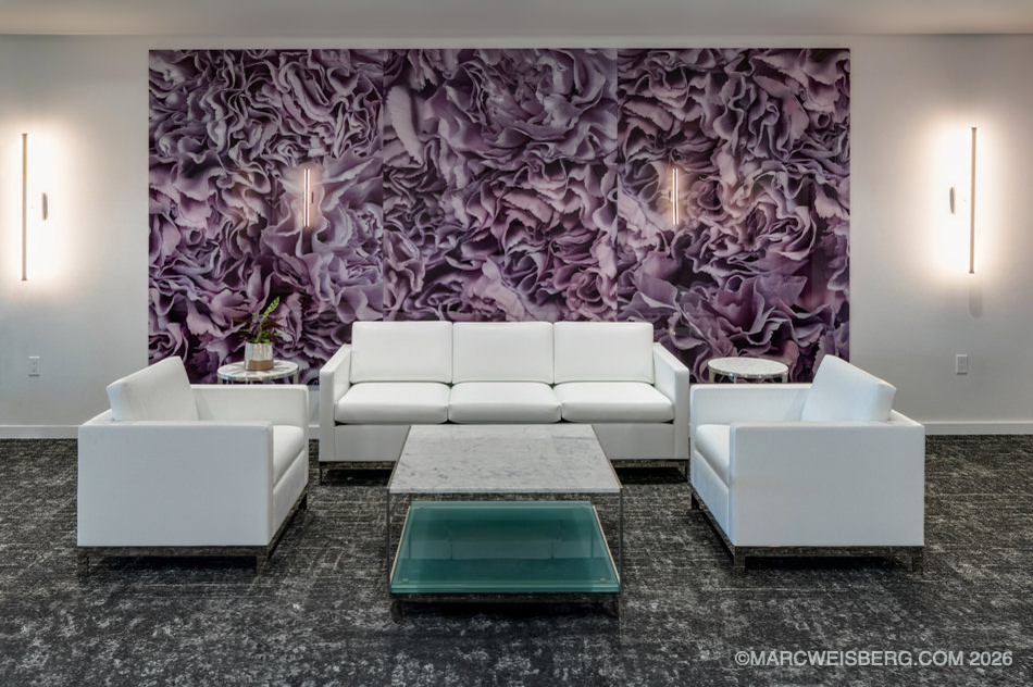Law firm waiting area with white sofas and textured art wall in Los Angeles