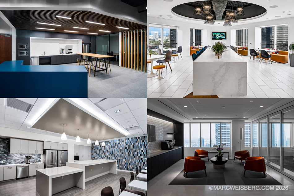 Four views of modern office kitchens and lounge areas