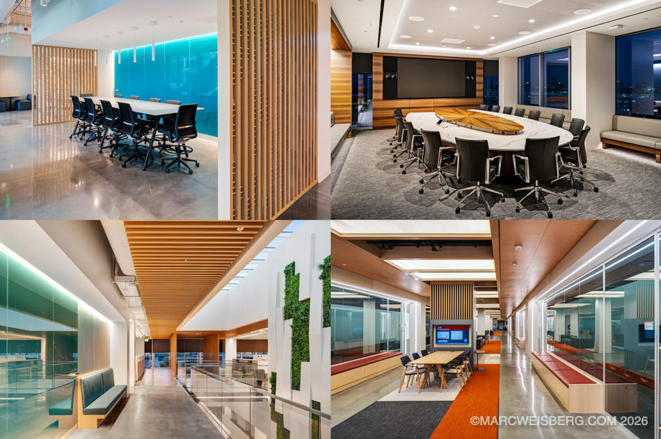 Four views of conference rooms and corridors at Edwards Lifesciences in Irvine, California