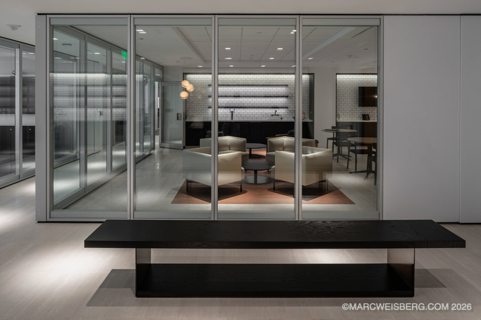 Glass walled lounge at the Henshaw Law Firm in Los Angeles