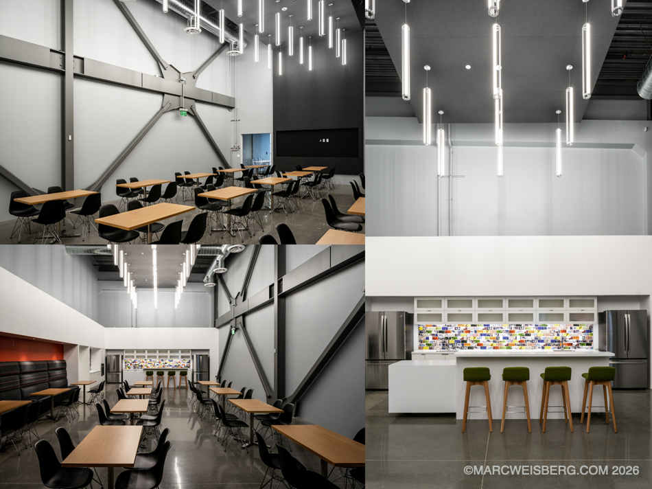 Four views of a tech company cafe with long tables and pendant lighting