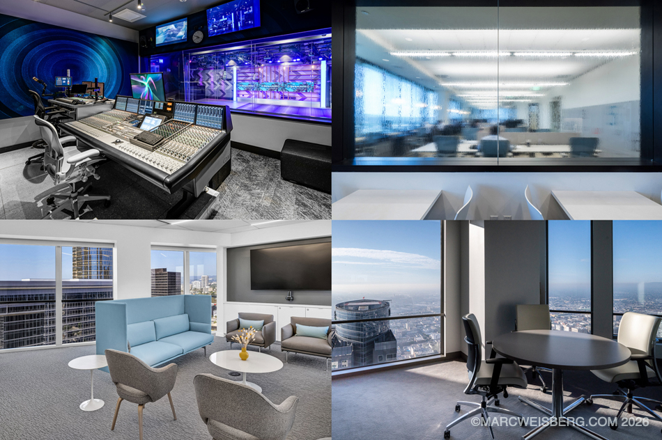 Four views of a high rise office with recording studio, lounge and meeting areas
